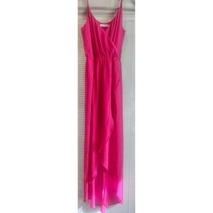 Lush Women's Adjustable Spaghetti Strap V-Neck Hot Pink Chiffon Maxi Dress XS